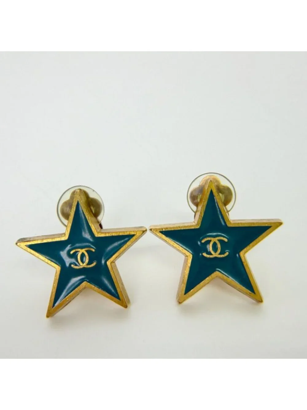 Chanel CC Logo Star Earrings Plated Turquoise Blue Gold Vintage